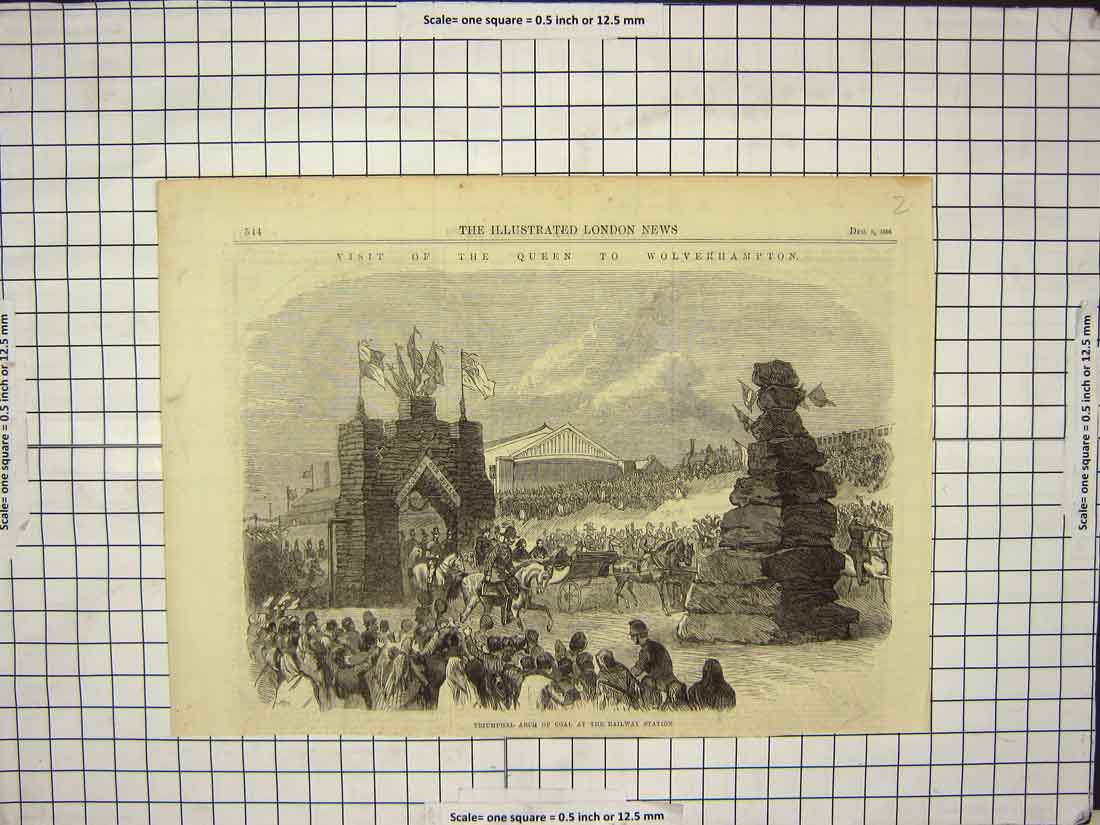 Original Old Antique Print 1866 Queen Wolverhampton Triumphal Arch Coal Railway