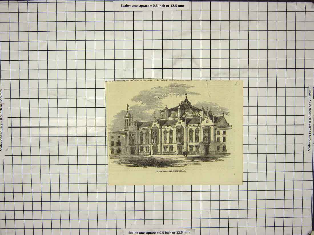 Original Old Antique Print Queen'S College Birmingham England Architecture