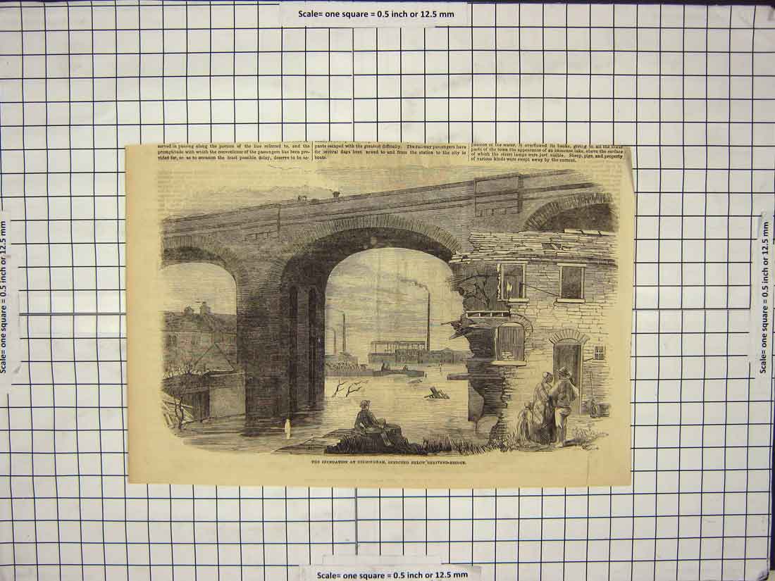 Original Old Antique Print Inundation Birmingham Floods Deritend Bridge River