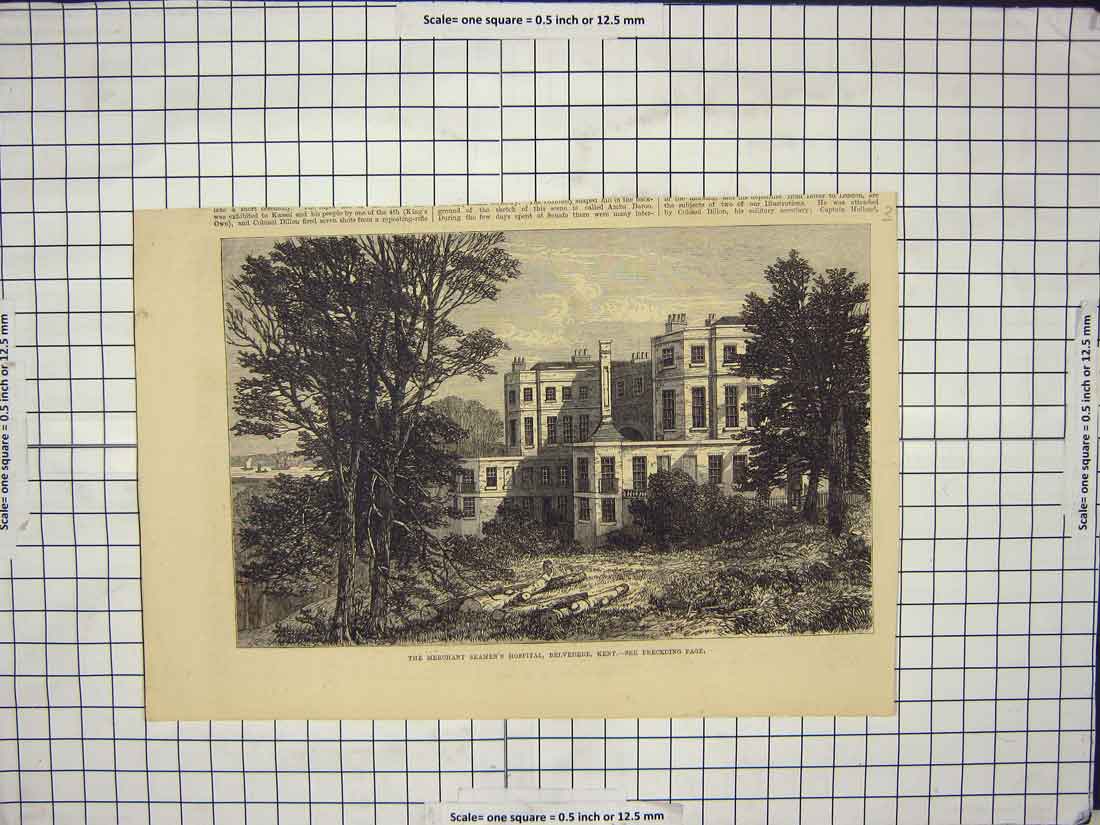 Original Old Antique Print Merchant Seamans Hospital Belvedere Kent England