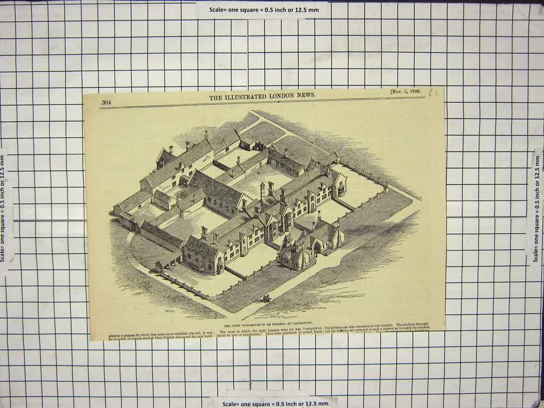 Original Old Antique Print 1846 Union Workhouse Canterbury Architecture 19th
