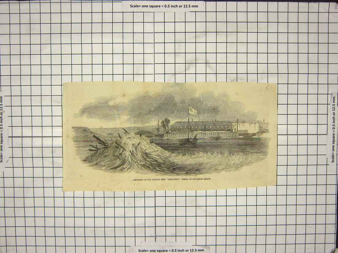 Old Antique Print Explosion Collier Brig Ship Resolution Wreck Gravesend