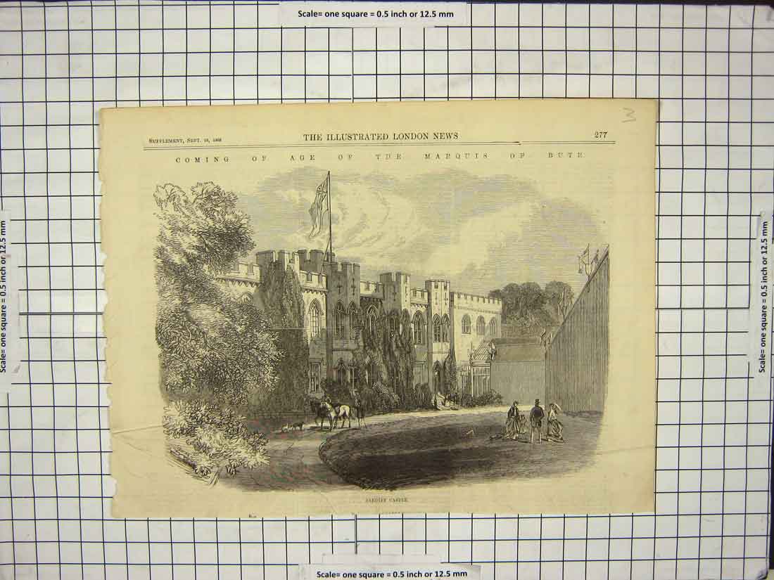 Original Old Antique Print 1868 Cardiff Castle Wales Marquis Bute Architecture