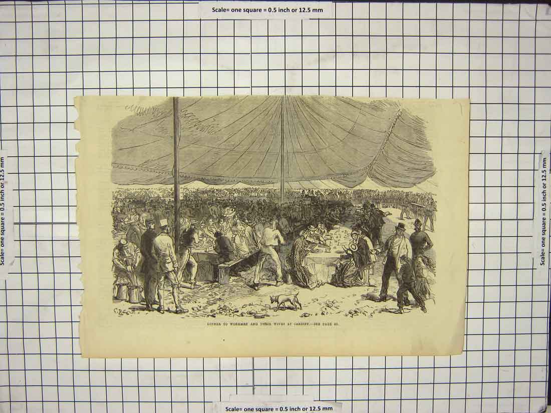 Original Old Antique Print Dinner Workmen Wives Cardiff Wales