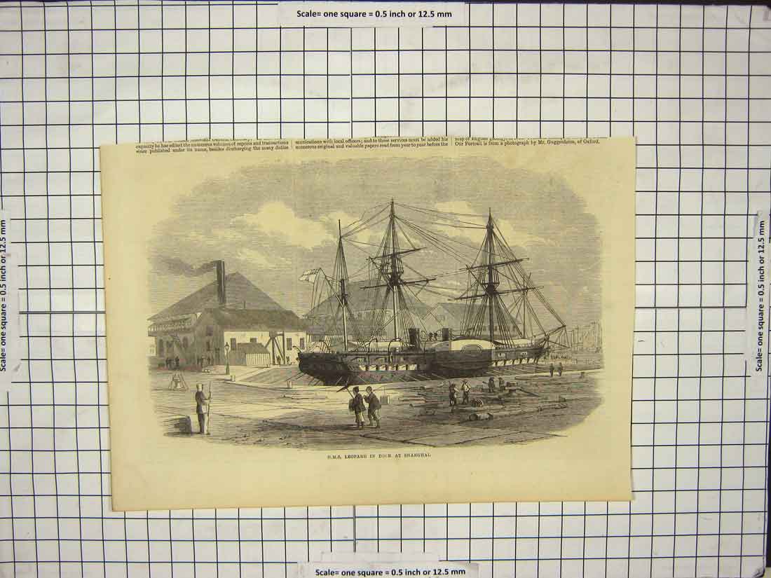Original Old Antique Print War Ship H.M.S. Leopard Dock Shanghai China