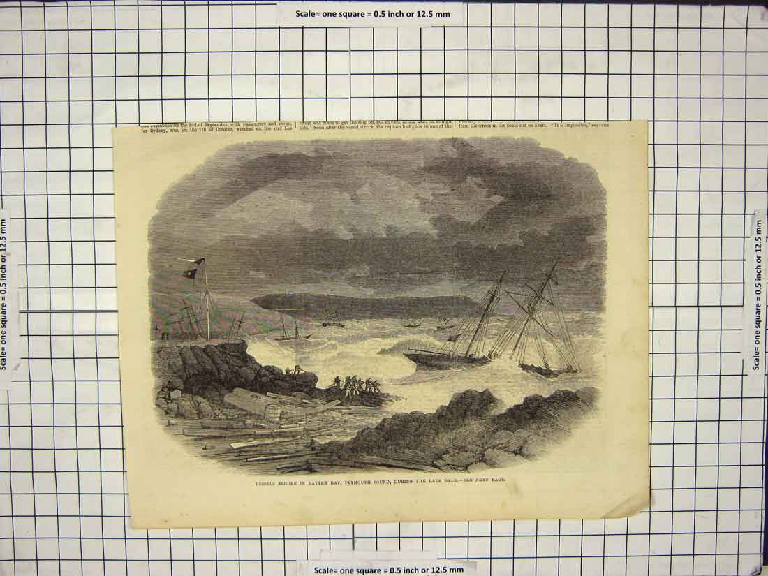 Original Old Antique Print Ships Ashore Batten Bay Plymouth Sound Gale Storm