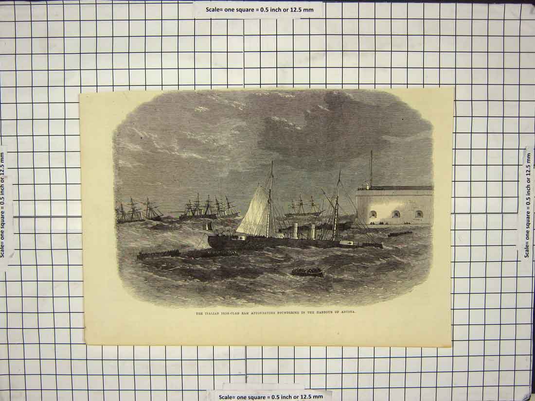 Old Antique Print Italian Iron-Clad Ship Ram Affondatore Harbour Ancona