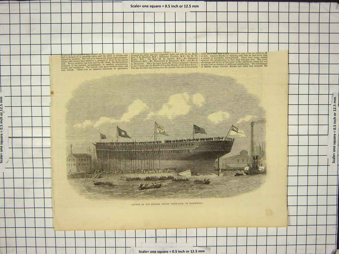 Original Old Antique Print Launch Ship Serapis Troop-Ship Blackwall England