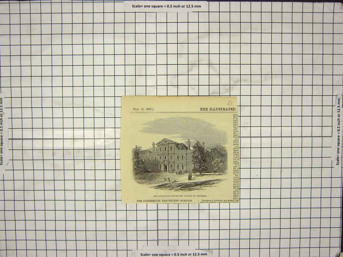 Original Old Antique Print 1847 Commercial Travellers Schools Wanstead Building