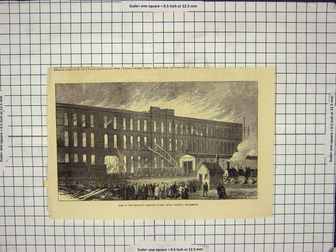 Old Antique Print Fire Railway Carriage Works Miles Platting Manchester