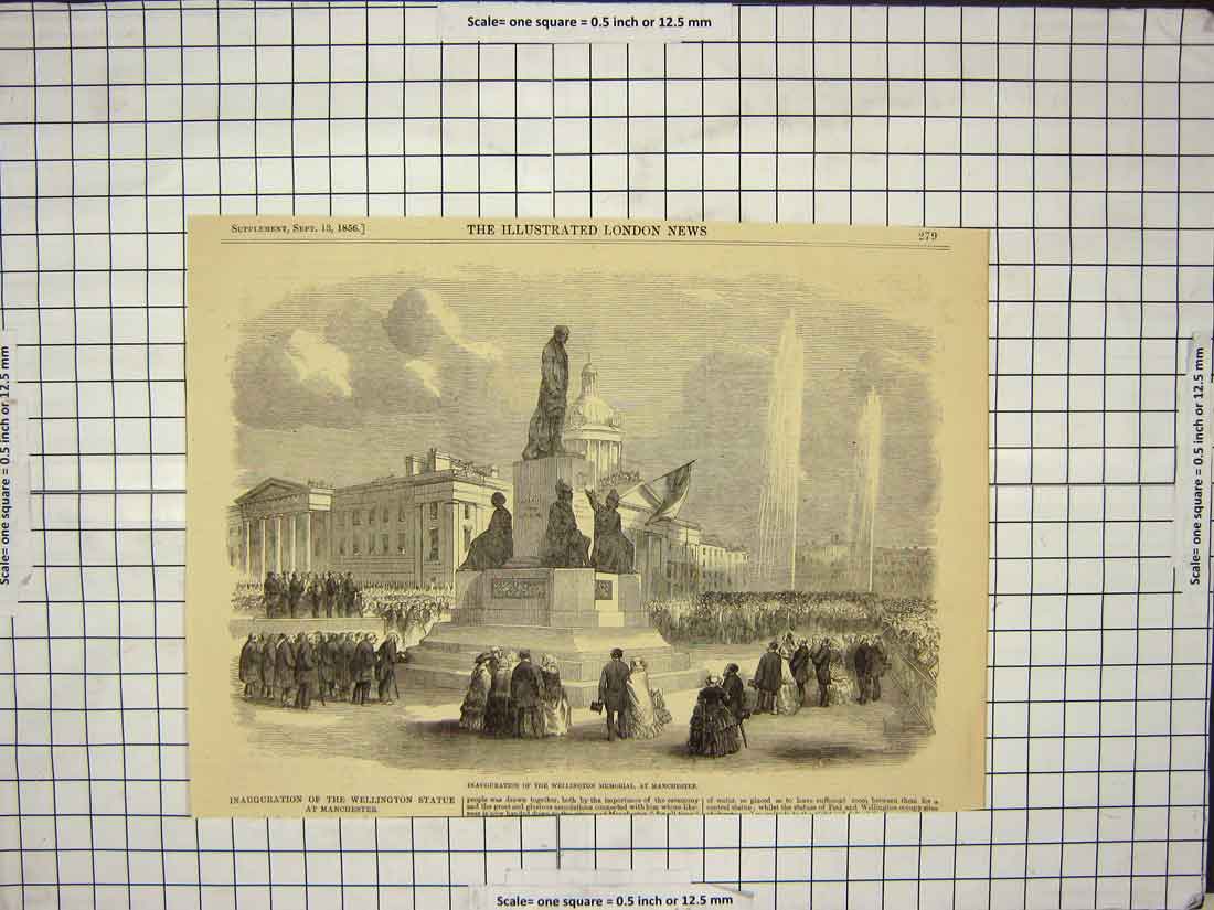 Original Old Antique Print 1856 Inauguration Wellington Memorial Manchester