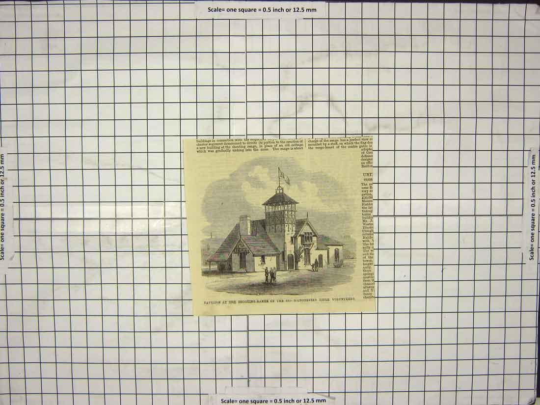 Original Old Antique Print Pavilion Shooting-Range Manchester Rifle Volunteers