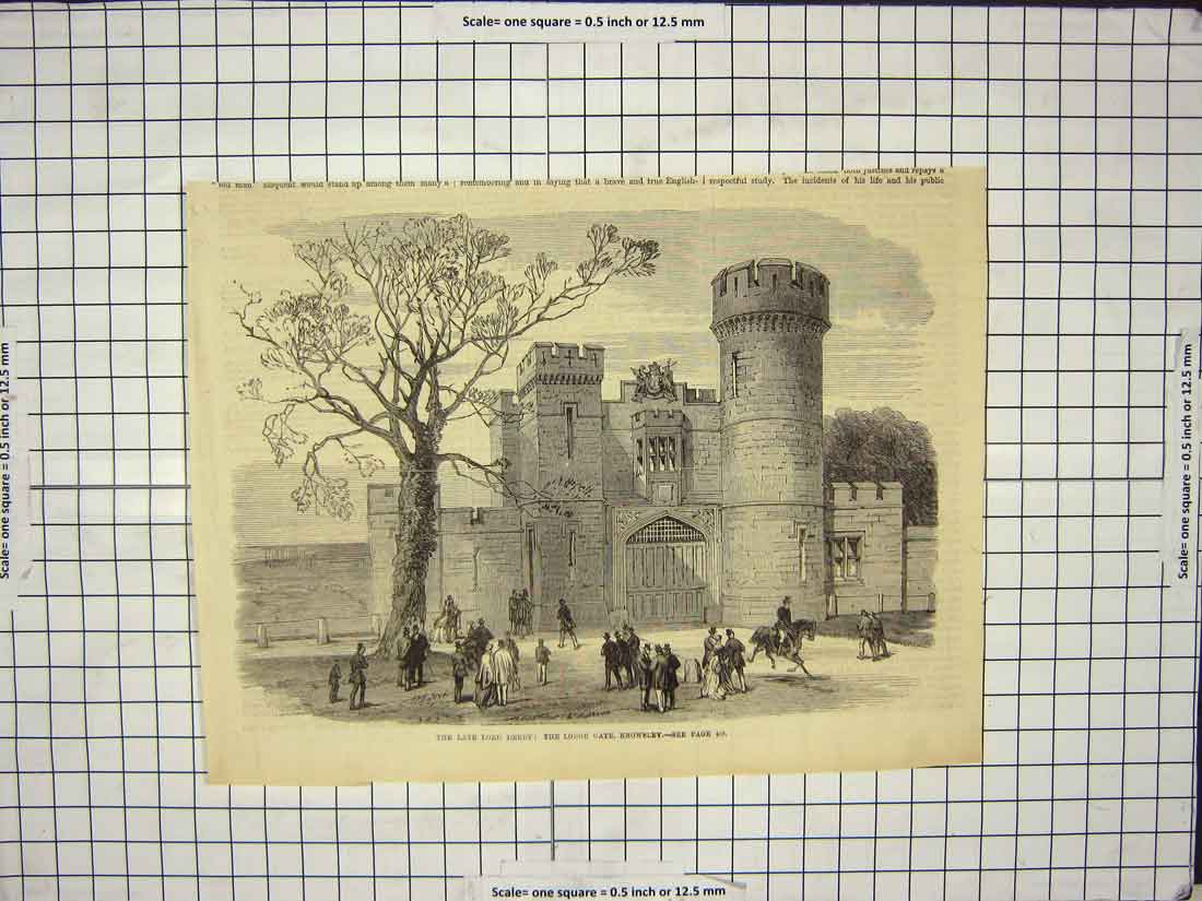 Original Old Antique Print Lord Derby Lodge Gate Knowsley Architecture