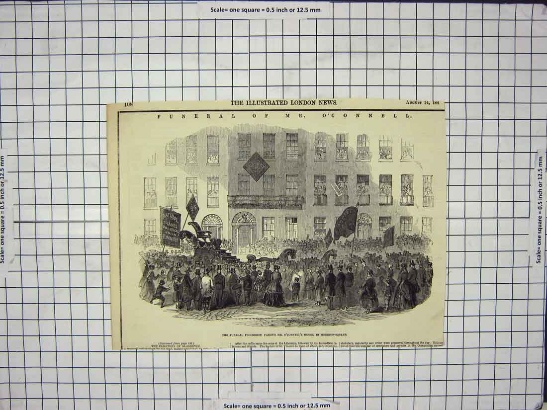 Original Old Antique Print 1847 Funeral Procession Mr. O'Connell Merrion Square