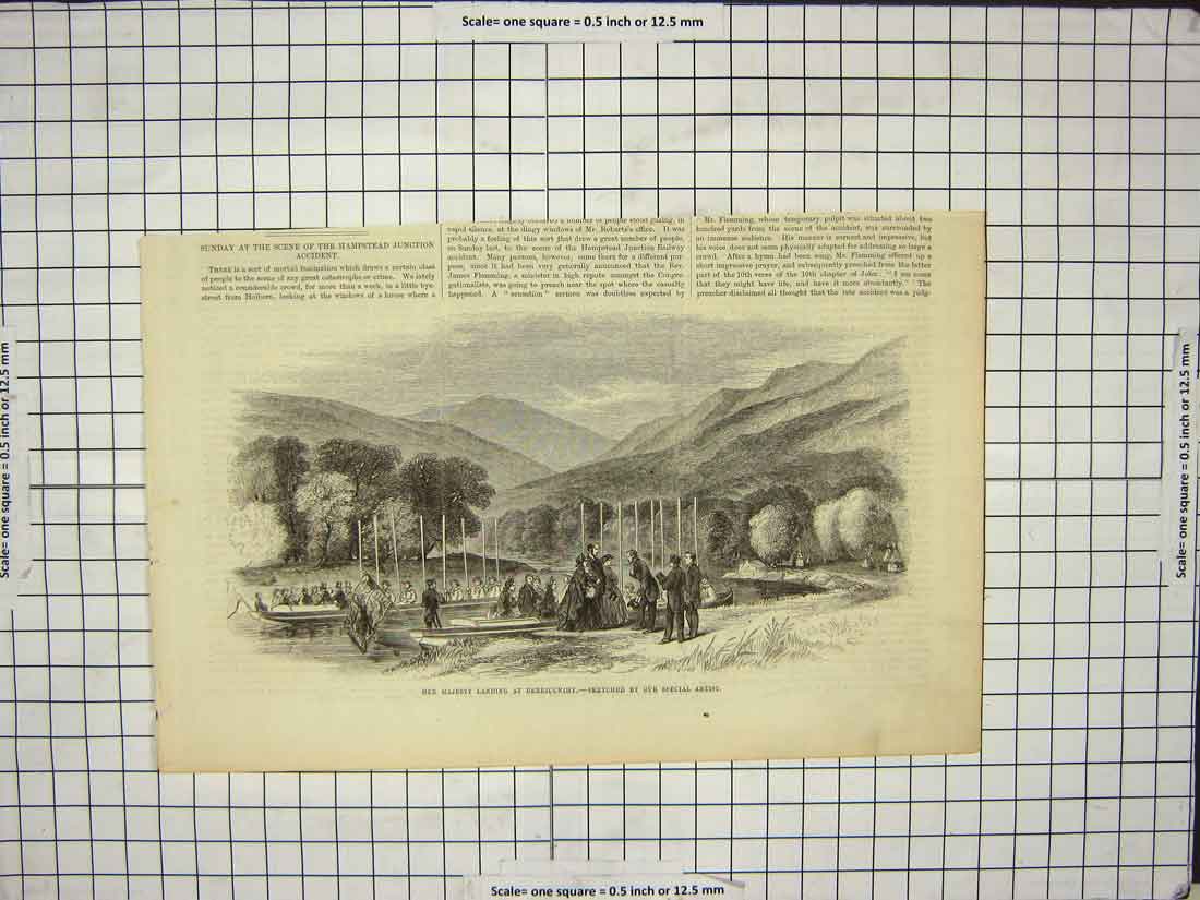 Original Old Antique Print Majesty Queen Derricunihy River Boats Mountains