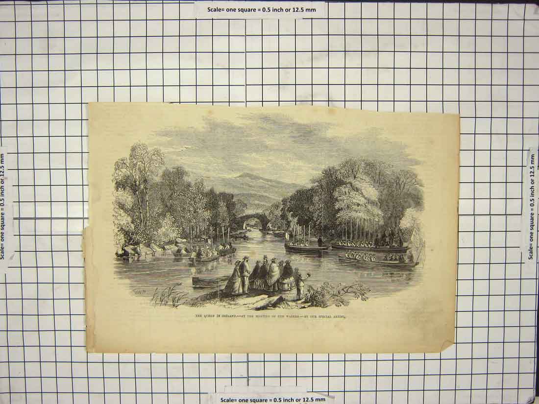 Original Old Antique Print Queen Ireland Meeting Waters River Boat Bridge Trees