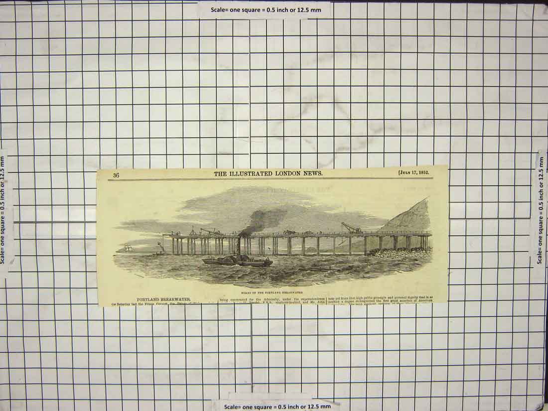 Original Old Antique Print 1852 Works Portland Breakwater Boats England 19th