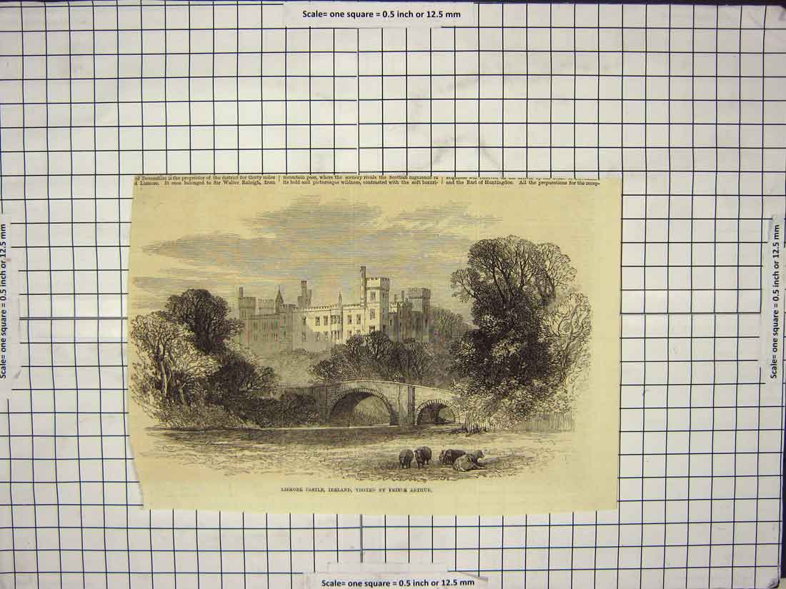 Original Old Antique Print Lismore Castle Ireland Prince Arthur River Bridge