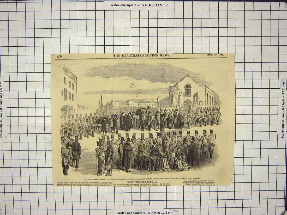 Original Old Antique Print 1846 Funeral Colonel Swales Garrison Portsmouth 19th