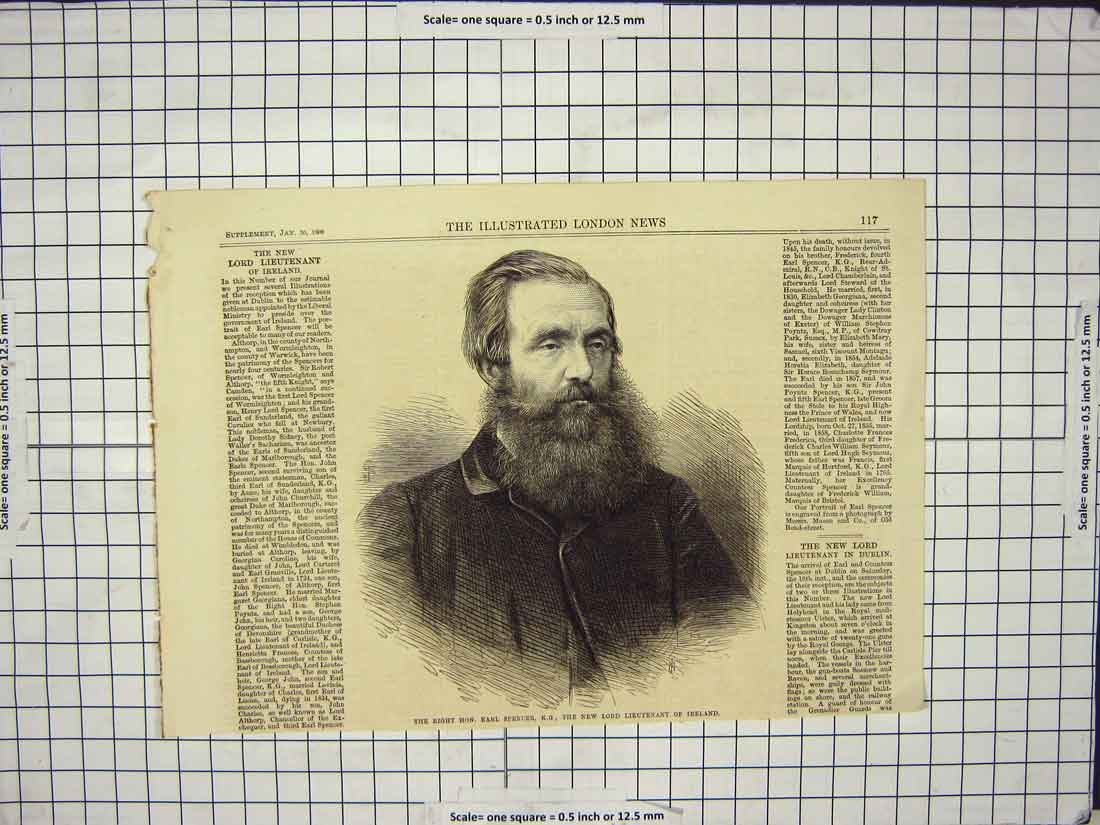 Original Old Antique Print 1868 Portrait Earl Spencer Lord Lieutenant Ireland