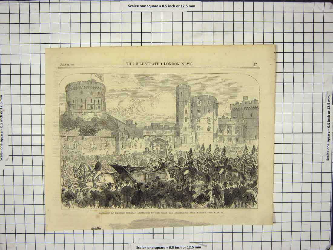 Original Old Antique Print 1866 Marriage Princess Helena Windsor Castle London