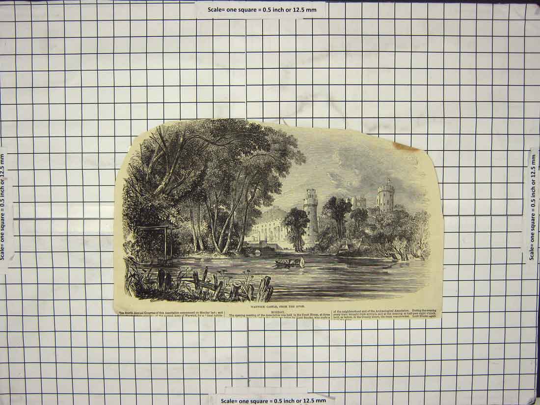 Original Old Antique Print View Warwick Castle River Avon Boat Architecture