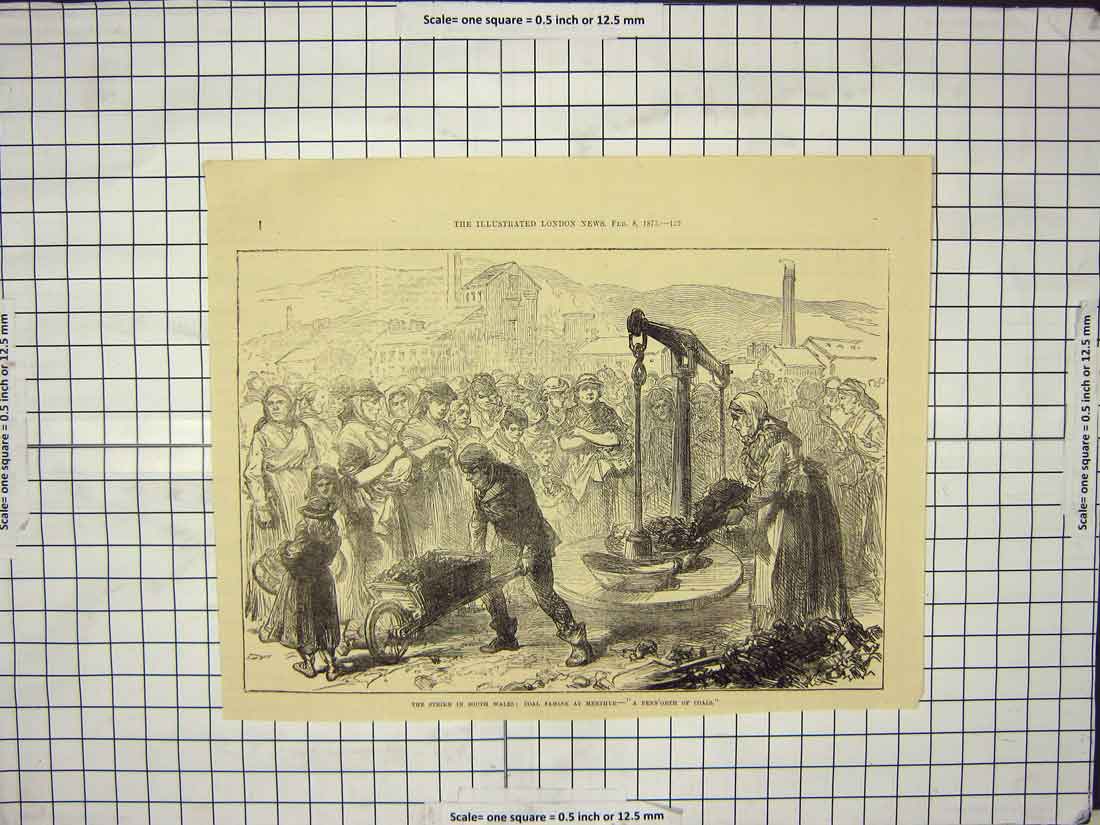 Original Old Antique Print Strike South Wales Coal Famine Merthyr Mining 19th