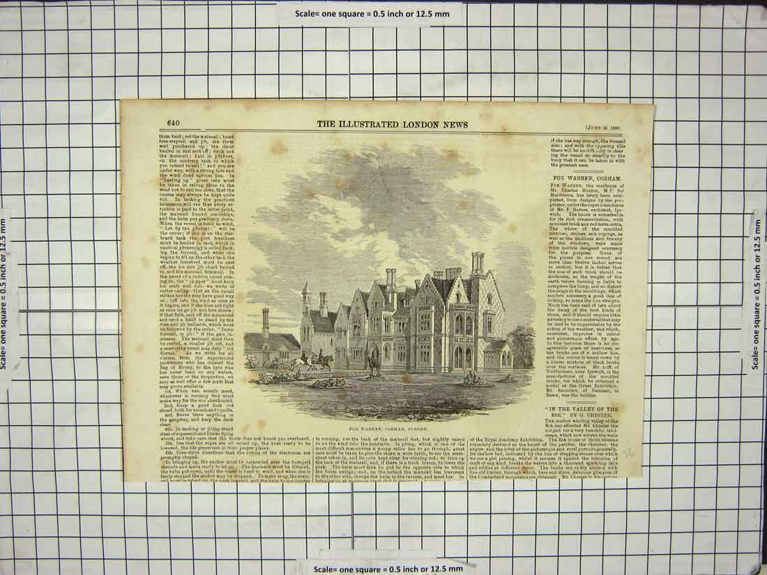 Original Old Antique Print 1860 Fox Warren Cobham Surrey England Architecture