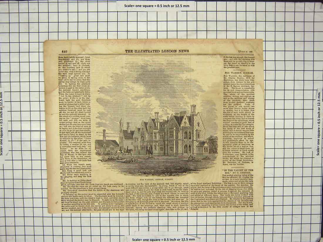 Antique Old Print Ref.874 1860 Fox Warren Cobham Surrey England Architecture