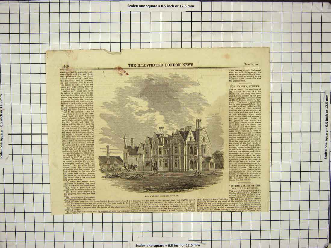 Antique Old Print Ref.875 1860 Fox Warren Cobham Surrey England Architecture