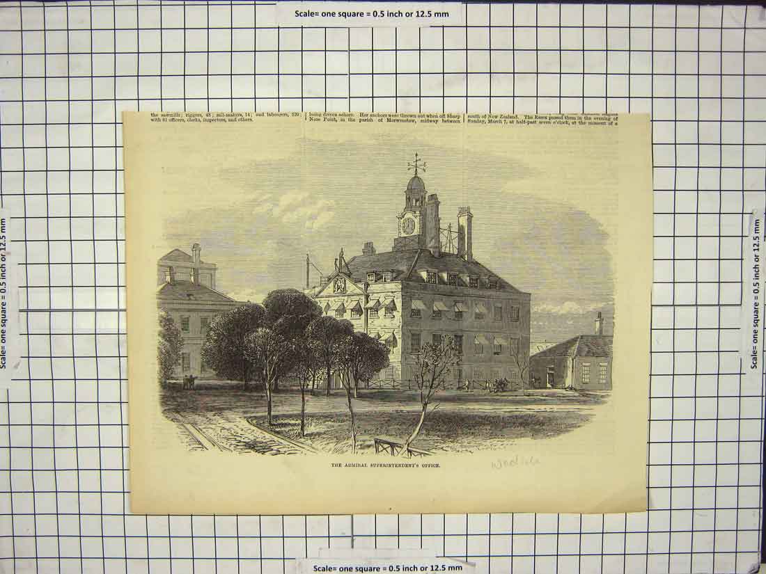Original Old Antique Print Admiral Superintendent'S Office Woolwich England