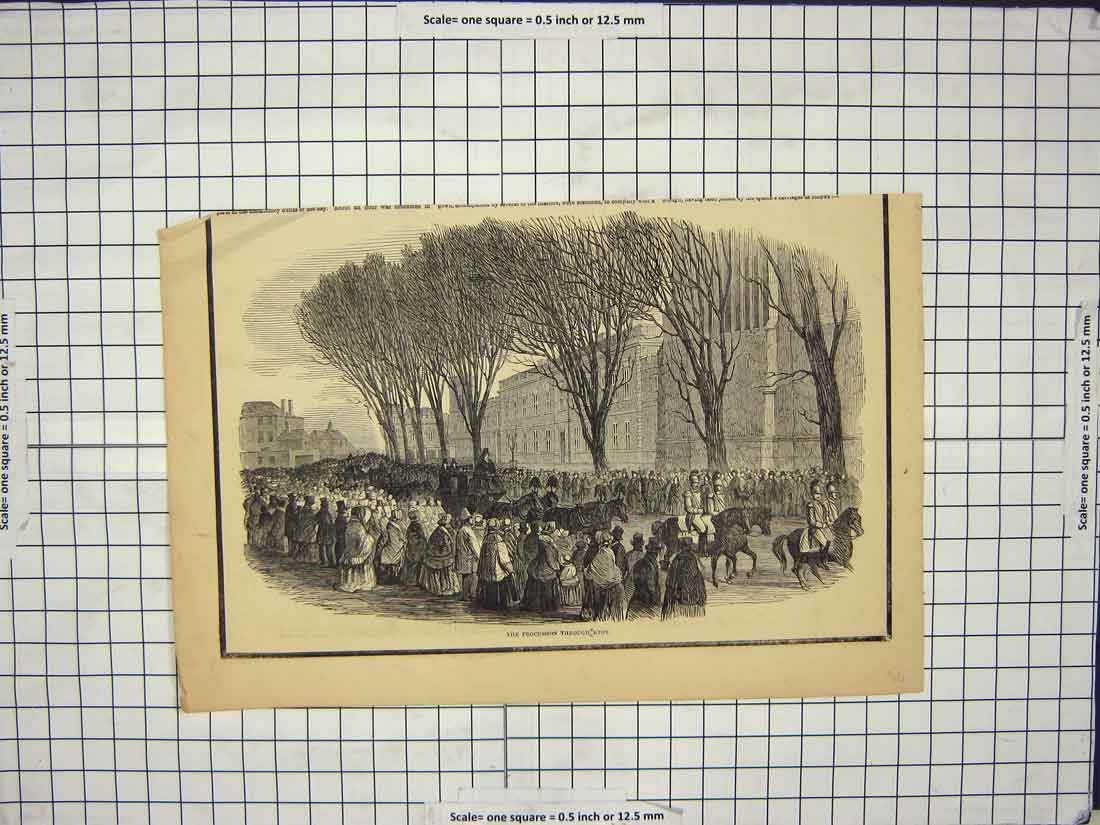 Original Old Antique Print Procession Eton Queen England Horses Carriage 20th