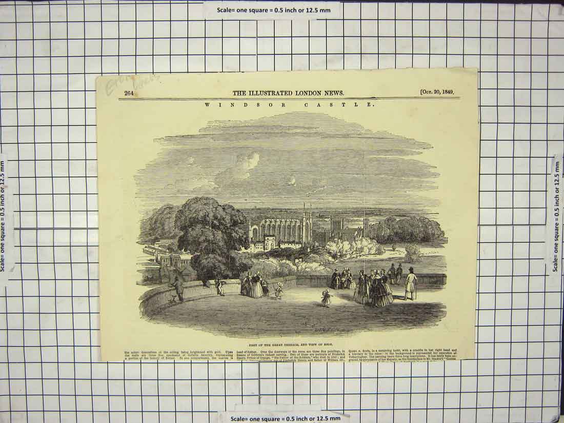 Original Old Antique Print 1849 Part Great Terrace Eton Windsor Castle London