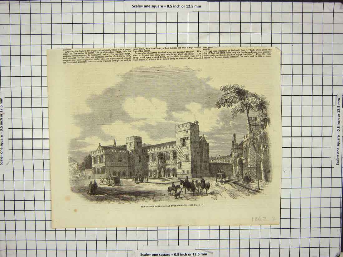 Antique Old Print Ref.876 1862 New School Buildings Eton College Architecture
