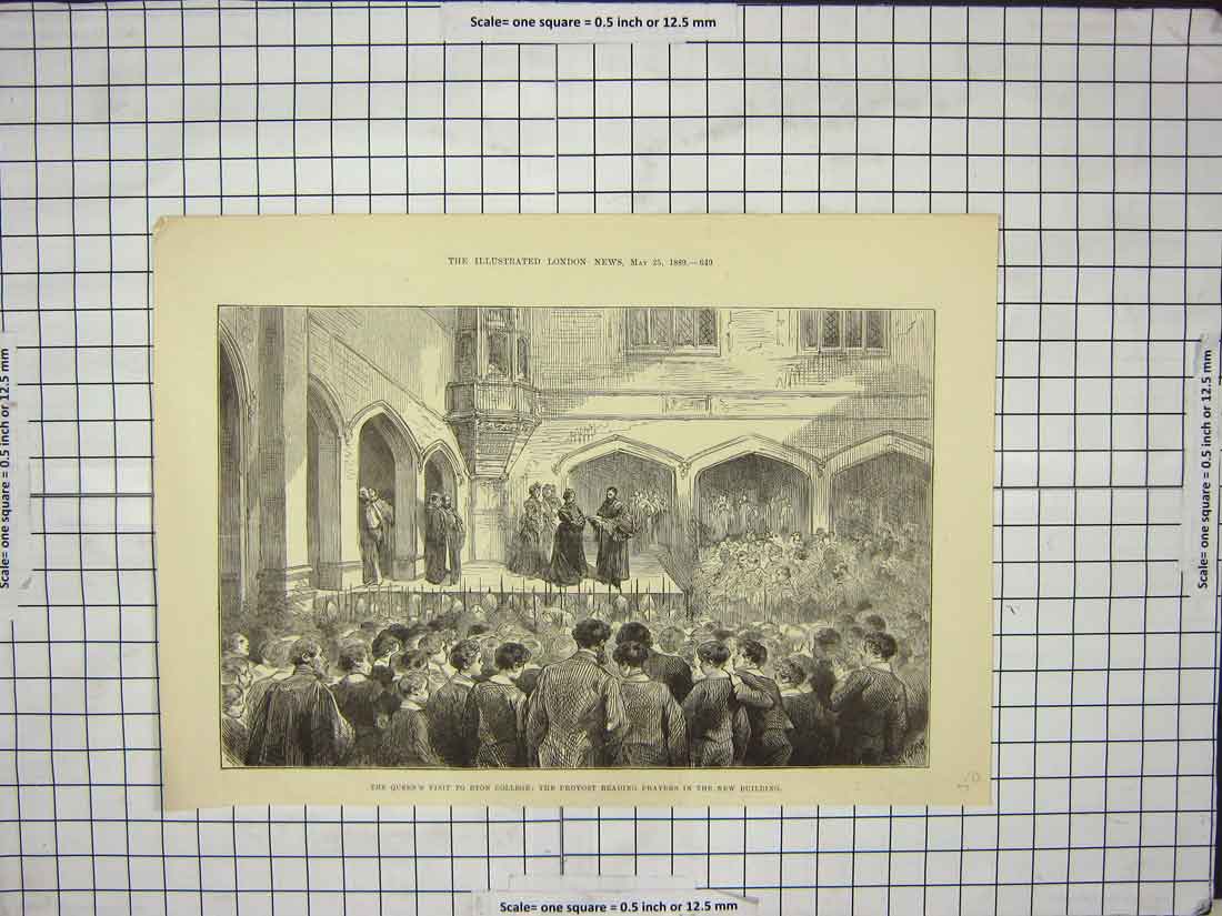 Original Old Antique Print 1889 Queen Eton Colleg Provost Prayers New Building