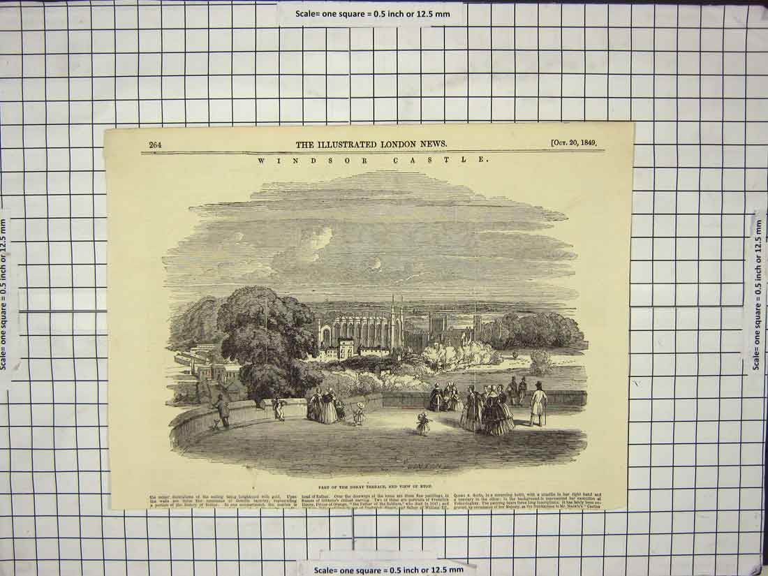 Original Old Antique Print 1849 Windsor Castle Part Great Terrace Eton Building
