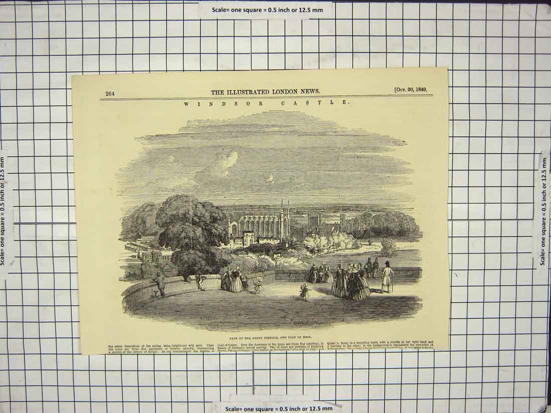 Original Old Antique Print 1849 Windsor Castle Part Great Terrace View Eton