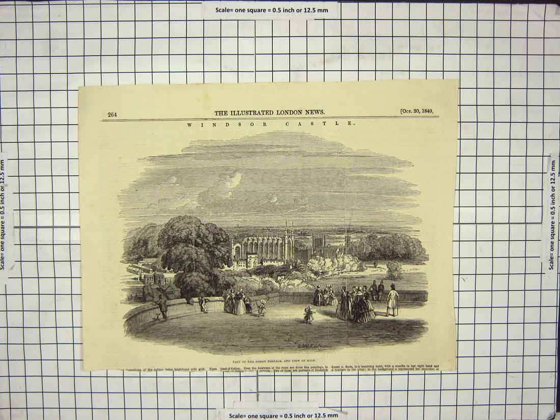 Antique Old Print Ref.877 1849 Windsor Castle Part Great Terrace View Eton