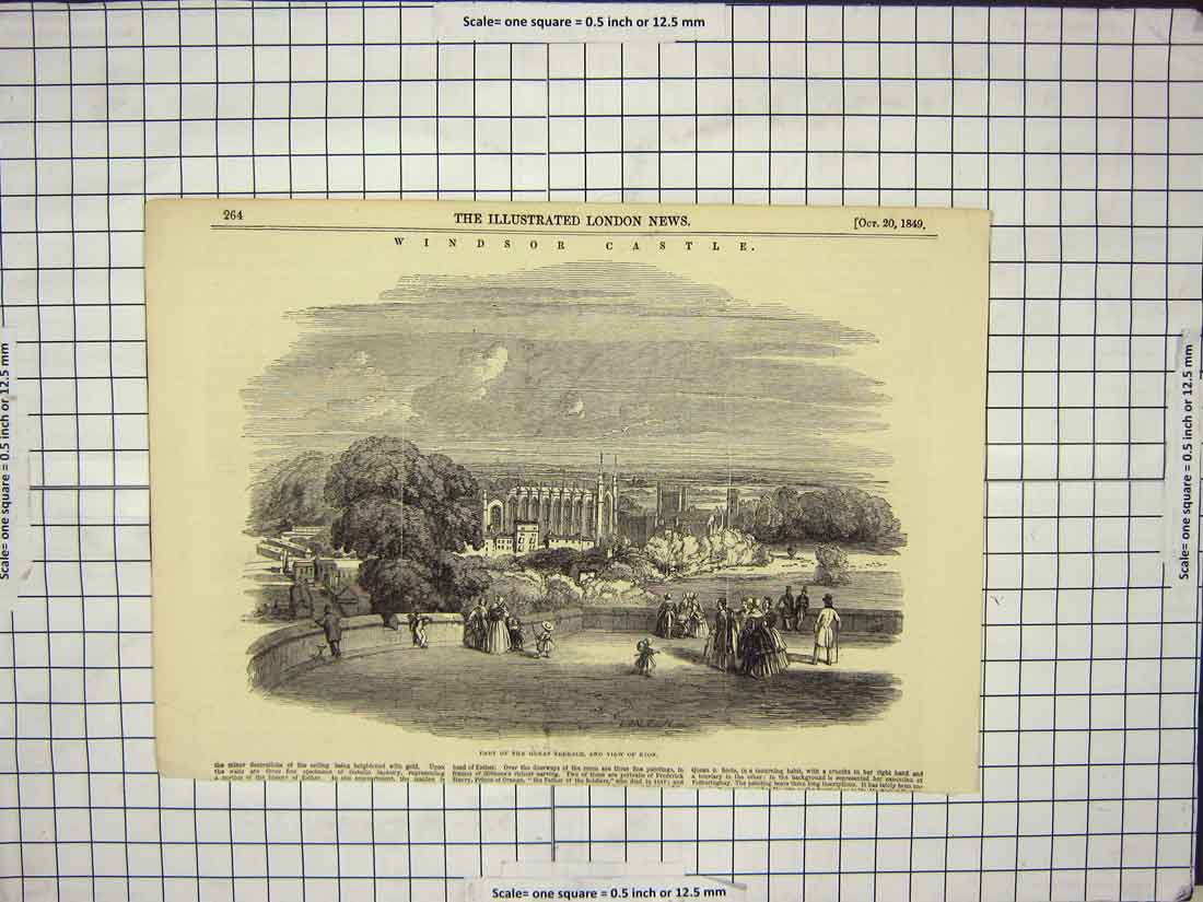 Old Antique Print 1849 Windsor Castle Part Great Terrace View Eton London 19th