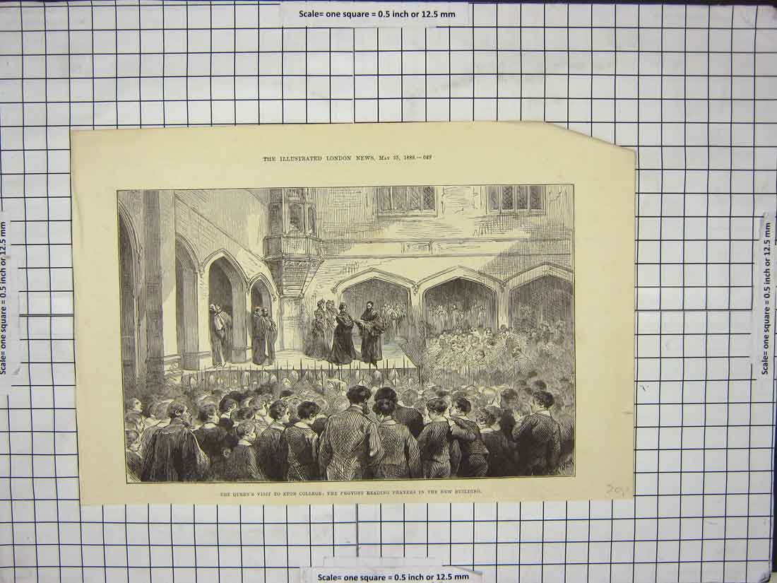 Original Old Antique Print 1889 Queen Visit Eton College Provost Prayers London