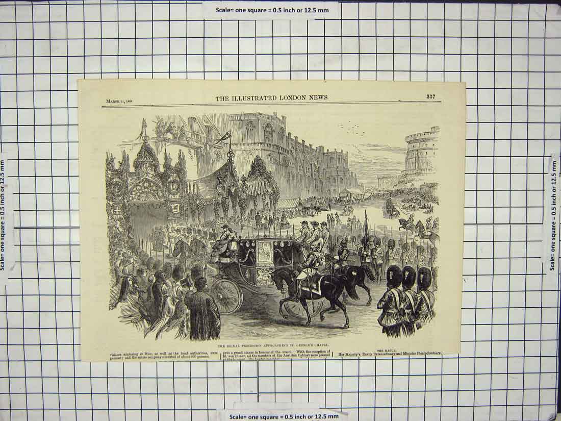 Original Old Antique Print 1863 Bridal Procession Approaching Windsor Castle