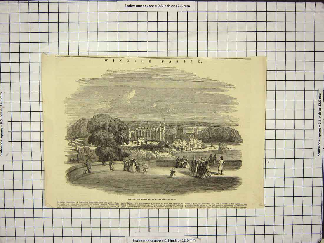 Original Old Antique Print View Windsor Castle Part Great Terrace Eton College