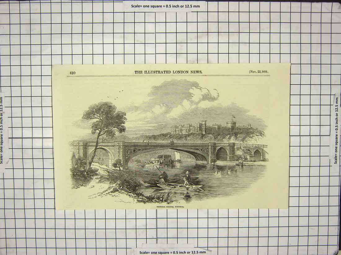 Original Old Antique Print 1851 Victoria Bridge Windsor London England River