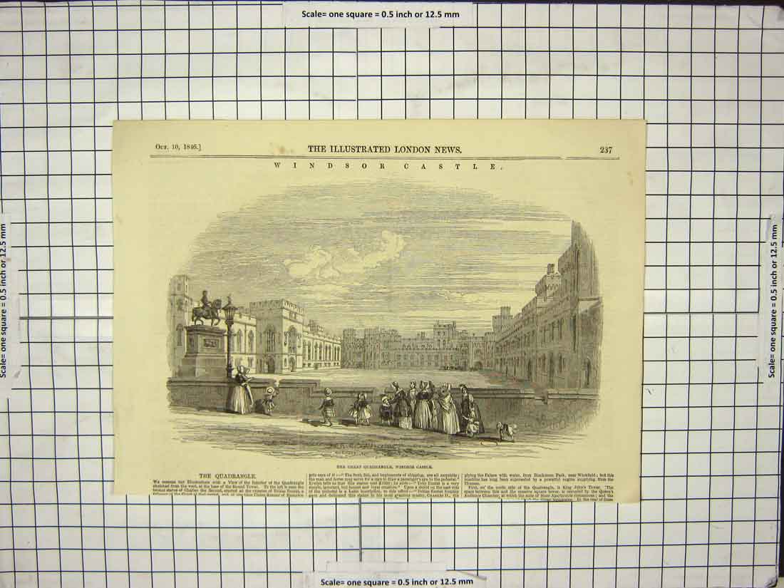 Original Old Antique Print 1846 Windsor Castle Great Quadrangle England London