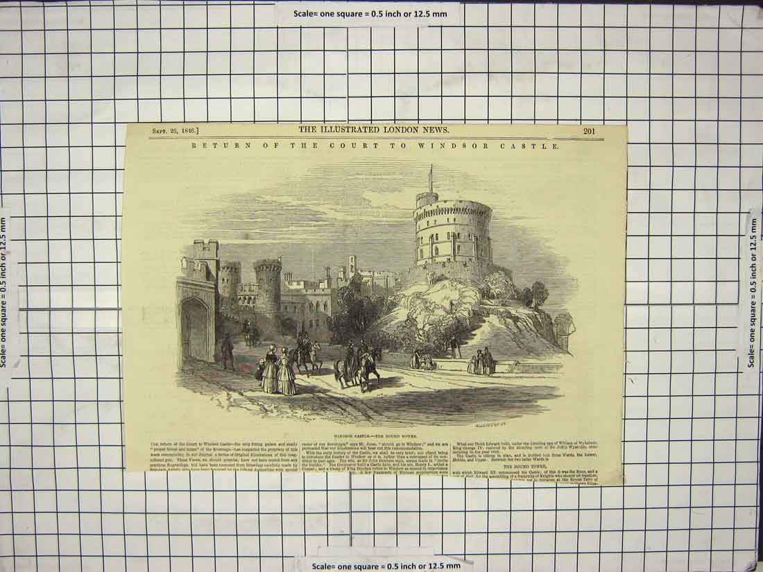 Original Old Antique Print 1846 Queen Court Windsor Castle Round Tower London
