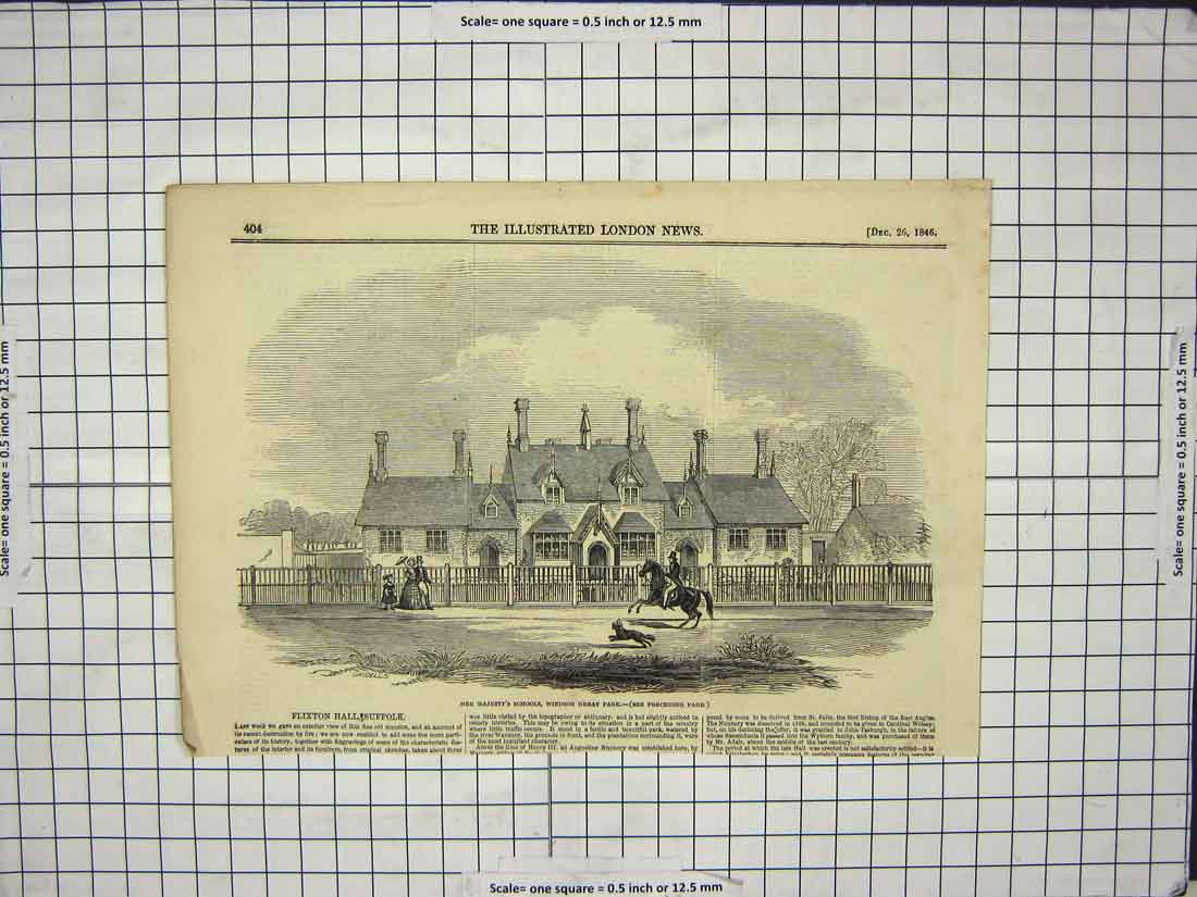 Original Old Antique Print 1846 Queen School England Windsor Great Park London