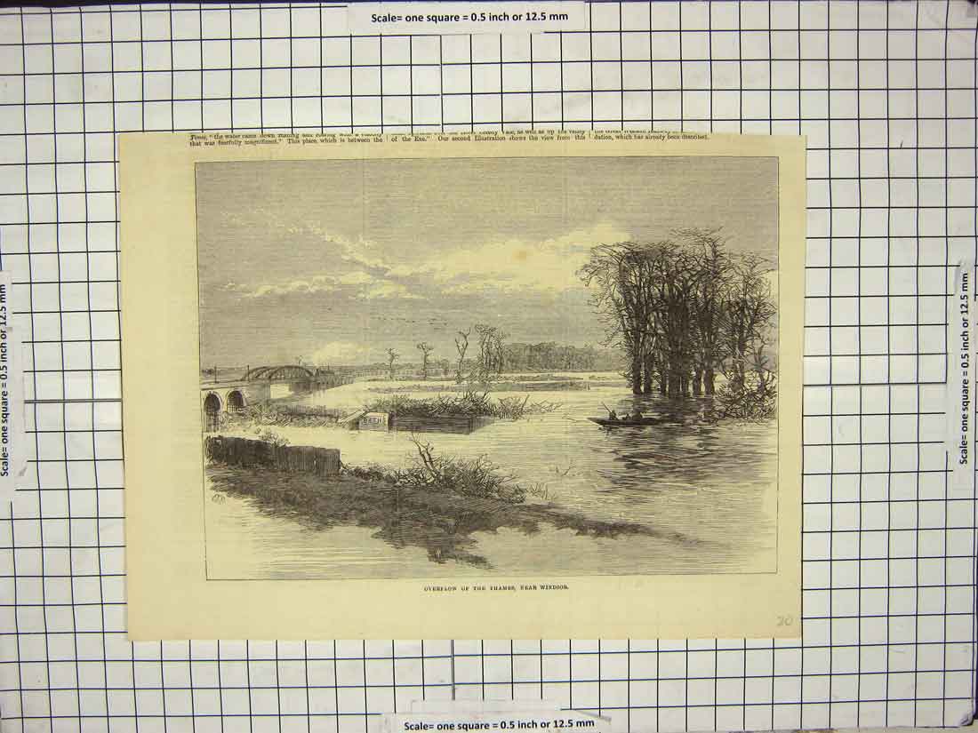 Original Old Antique Print Overflow River Thames Windsor London England