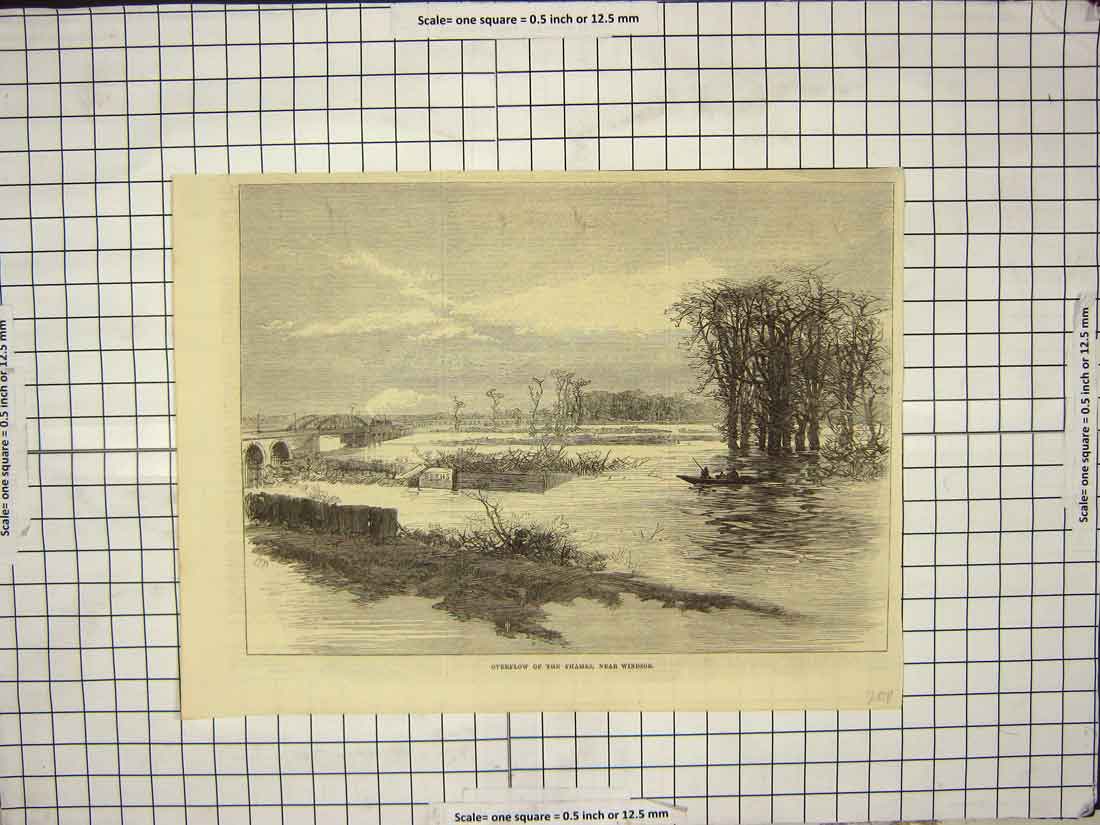 Original Old Antique Print Overflow River Thames London Windsor