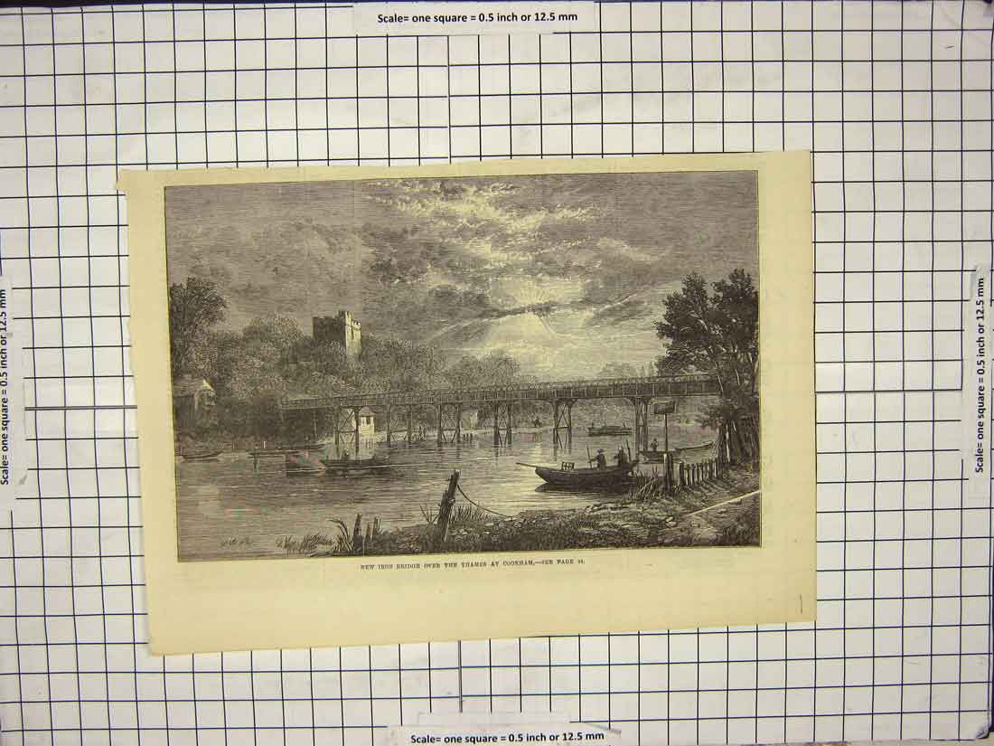 Original Old Antique Print New Iron Bridge River Thames Cookham Boats