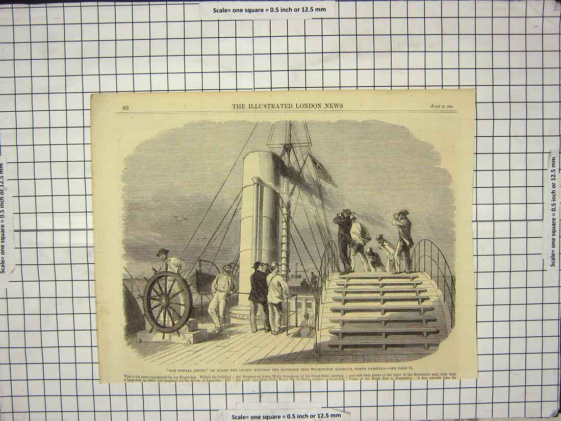 Original Old Antique Print 1864 Artist Ship Lilian Wilmington Harbour Carolina